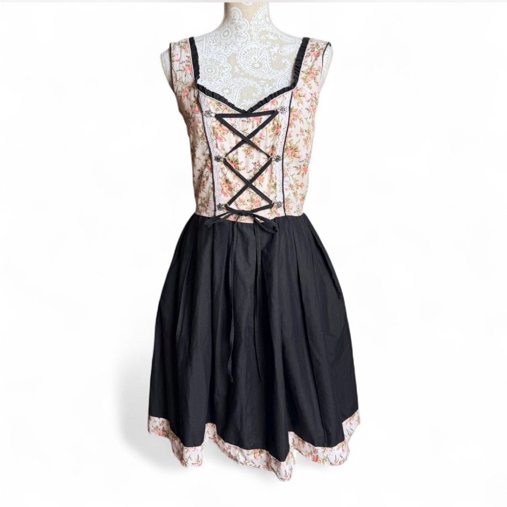 Gaudi Black & Floral Midi Dirndl Dress With Corset Style Bodice